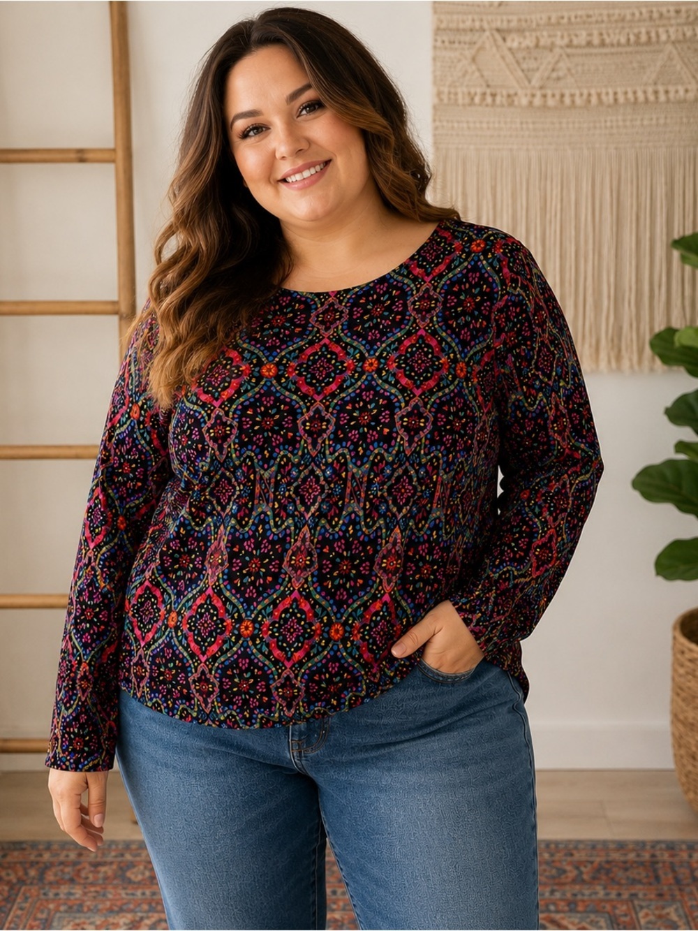Croft & Barrow XL Classic Tee Boho Floral Geometric Print Long Sleeve Colorful